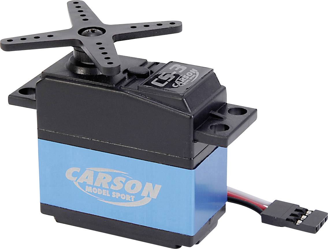 Un servo de modélisme bleu et noir portant l'inscription 'Carson Model Sport' sur le côté et doté d'un câble de connexion noir.