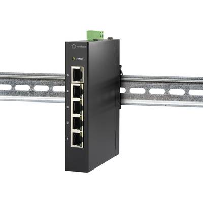 Un commutateur réseau noir avec cinq ports Ethernet, monté sur un rail métallique.