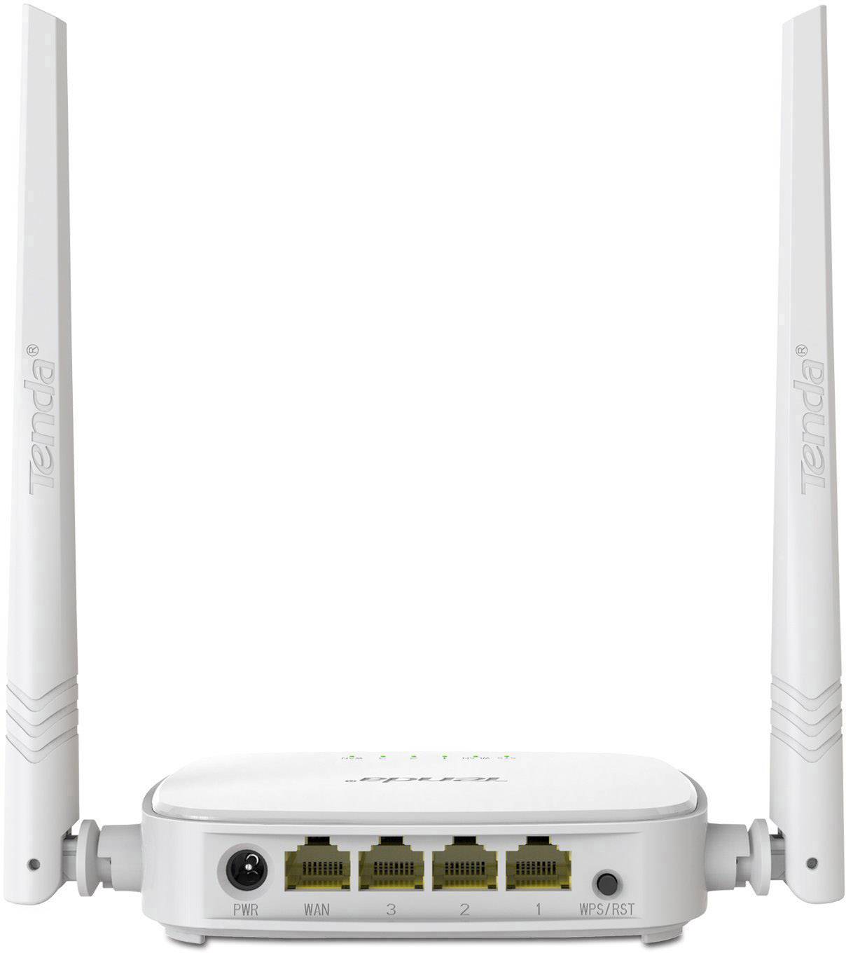 Un routeur Wi-Fi blanc avec deux antennes, montrant quatre ports LAN sur le devant et un port d'alimentation.