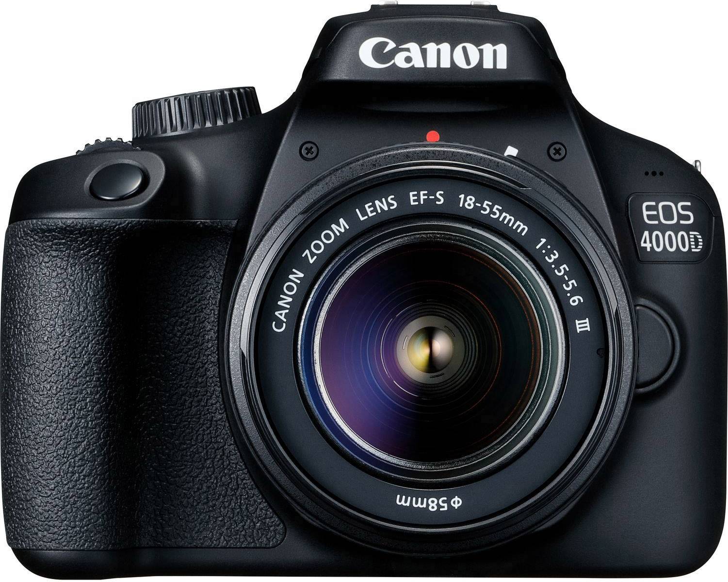 Un appareil photo Canon EOS 4000D noir avec un objectif EF-S 18-55mm, photographié de face.