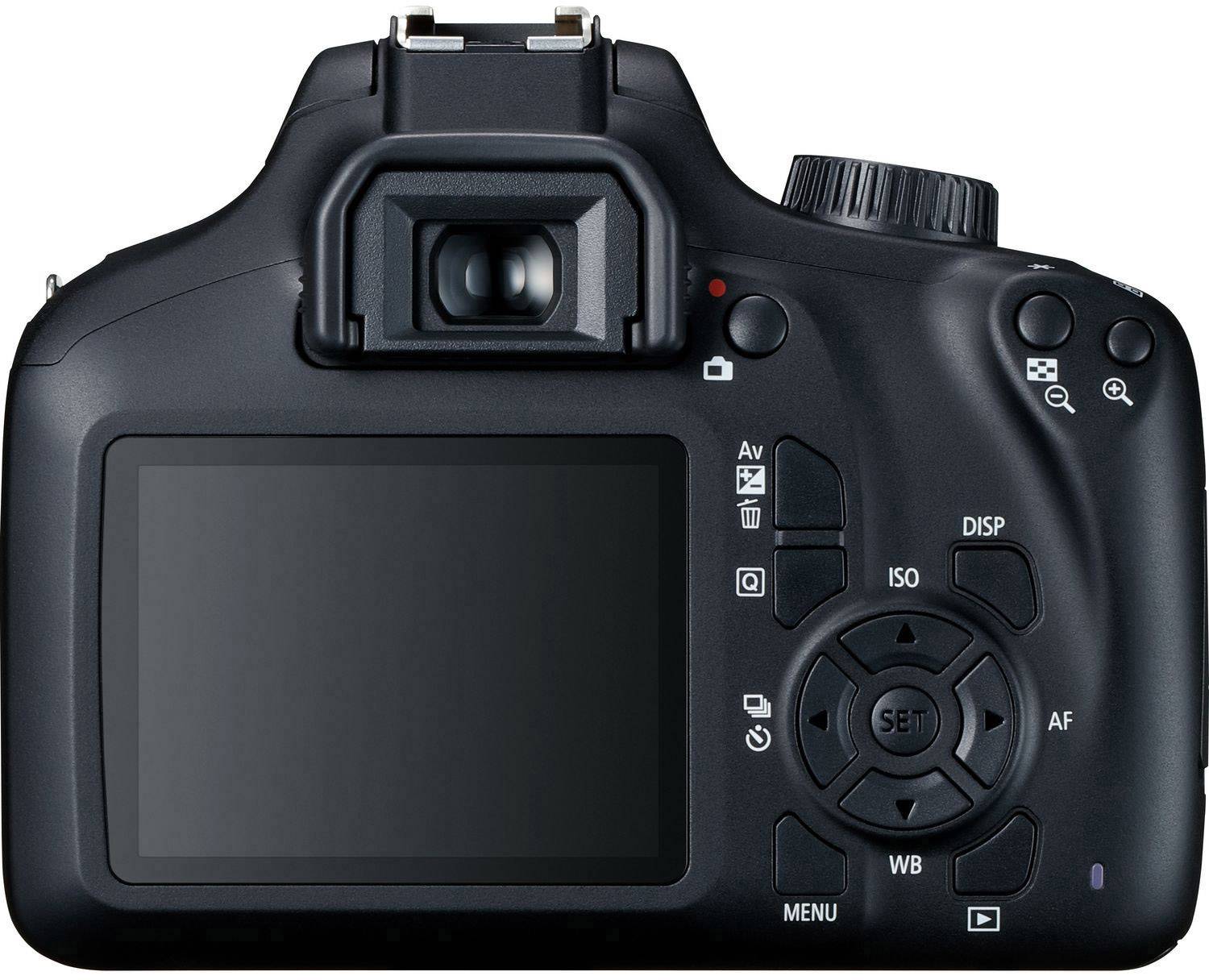 Arrière d'un appareil photo reflex numérique avec écran, boutons de menu et viseur.
