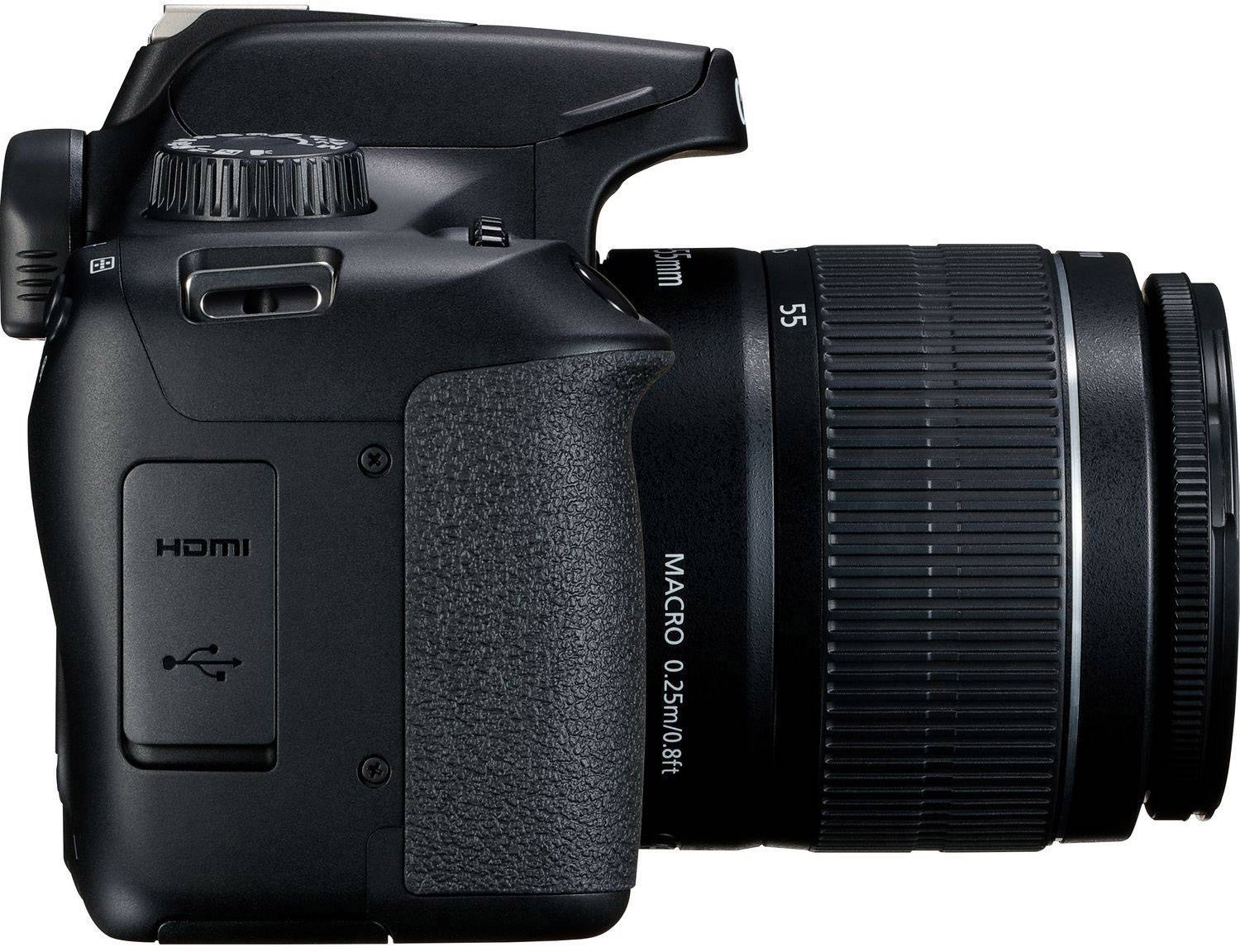 Appareil photo numérique vu de côté avec objectif zoom et commandes visibles, pourvu de ports USB et HDMI.