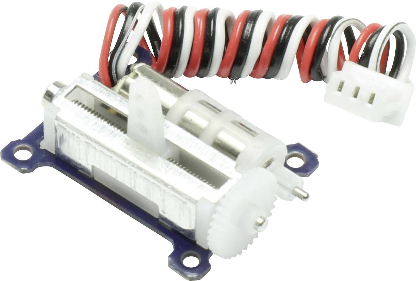 Un petit servomoteur électromécanique avec des engrenages intégrés et des fils multicolores, typique des commandes de précision.