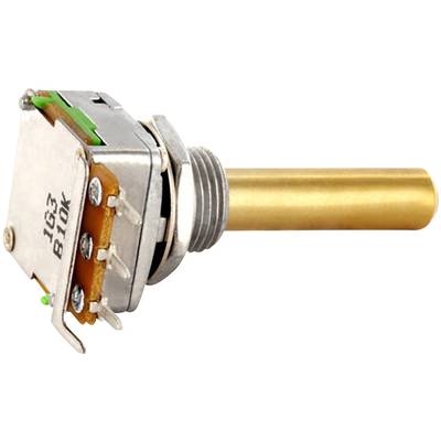 Un potentiomètre avec boîtier métallique et axe doré. Il dispose de trois broches de connexion sur un circuit imprimé.