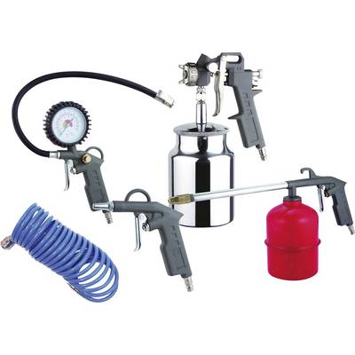 Divers outils pneumatiques, dont un pistolet de pulvérisation avec réservoir, un manomètre, un pistolet à air comprimé et un tuyau spiral.
