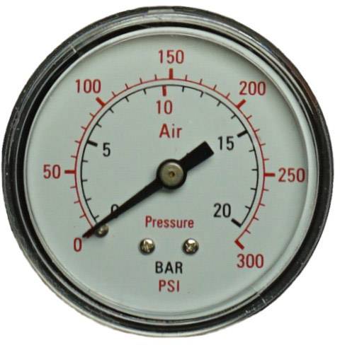Un manomètre à cadran avec des échelles en Bar et PSI. L'aiguille pointe sur 5 Bar et environ 75 PSI. Au-dessus est inscrit 'Air', en-dessous 'Pressure'.
