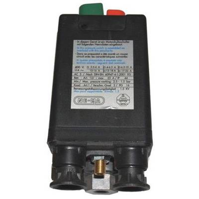 Un démarreur de moteur électrique triphasé avec des boutons verts et rouges, contenant des détails de connexion et des spécifications de tension sur le dessus.