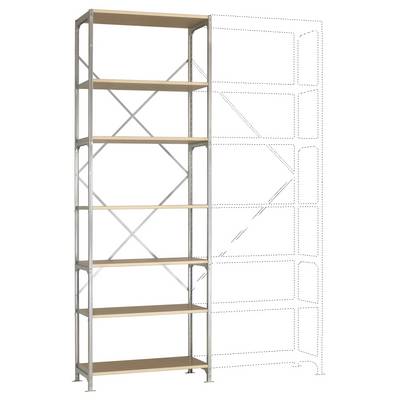 Étagère métallique avec six tablettes en bois. À droite, une illustration pointillée de la structure de l'étagère.
