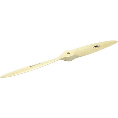 Hélice en bois à deux pales légèrement incurvées, en bois clair, avec un trou central pour la fixation. Convient pour les modèles réduits d'avions.