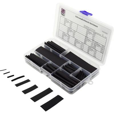 Assortiment de gaines thermorétractables de différentes tailles, présenté dans un boîtier en plastique ouvert. Un tableau sur le couvercle indique les spécifications.