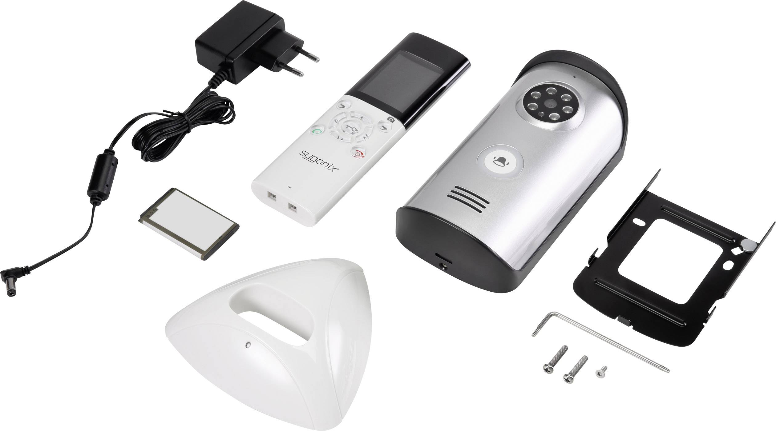 Un kit de surveillance comprenant une caméra, une télécommande, un bloc d'alimentation, un support mural, une batterie et du matériel de montage, disposé sur un fond blanc.