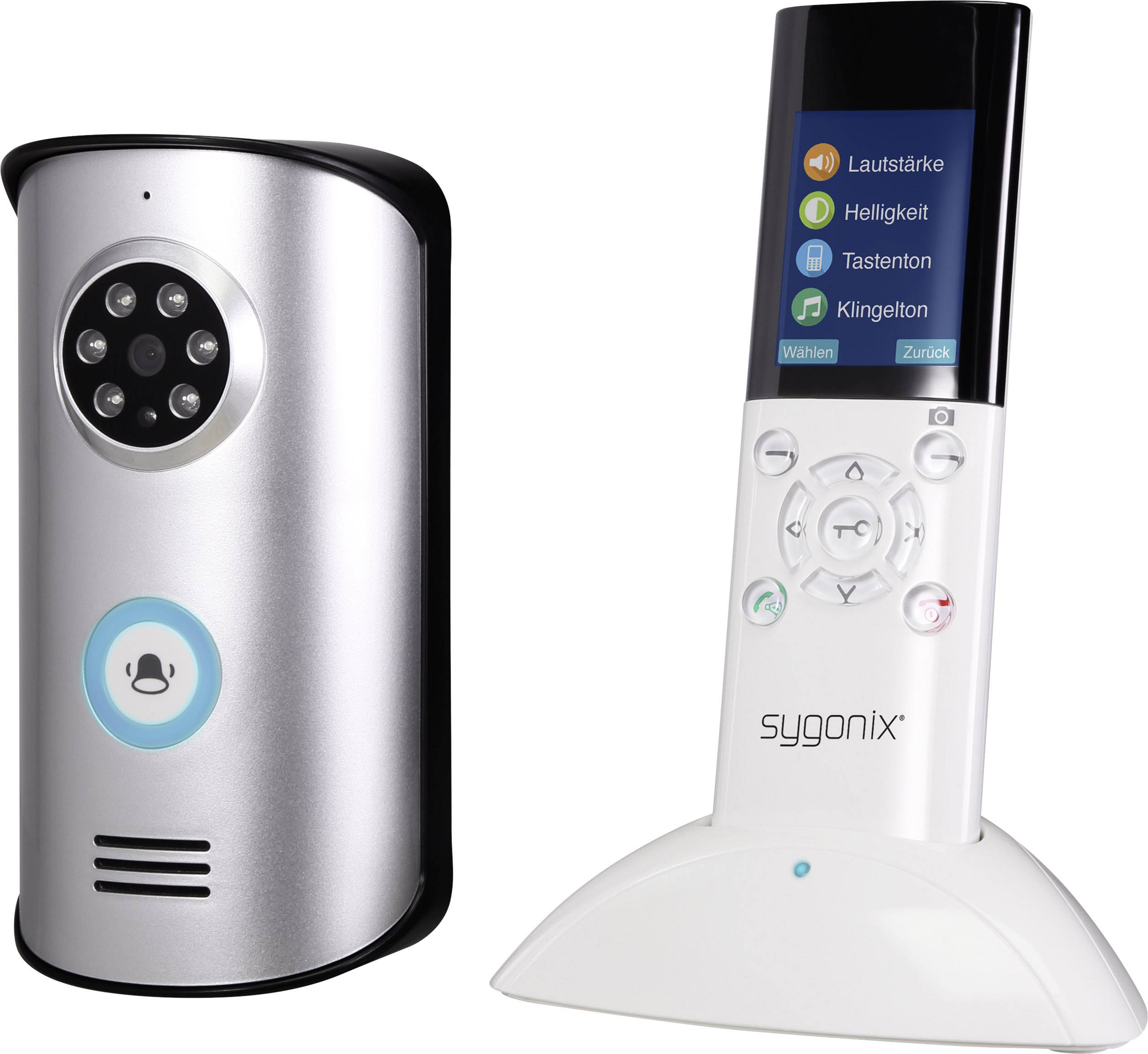 Un interphone argenté avec caméra à gauche et un moniteur blanc ressemblant à une télécommande avec écran à droite, de marque 'sygonix'.