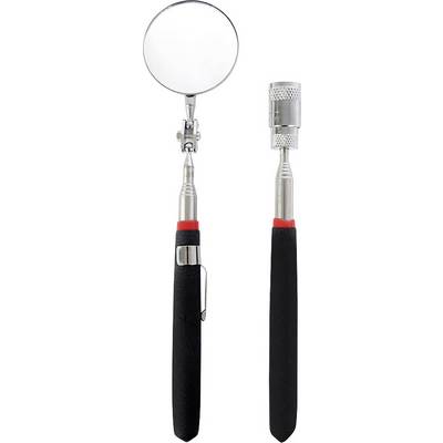 Deux outils d'inspection rétractables : à gauche un miroir, à droite un aimant télescopique. Les deux avec une poignée noire et un anneau rouge.