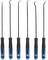 Six outils à crochet avec des pointes noires et des poignées bleues, disposés en ligne. Idéal pour un travail précis et des réparations.