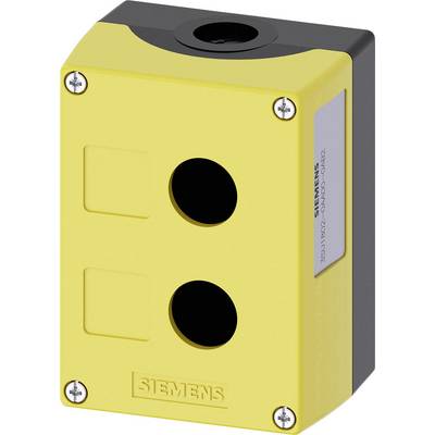 Un boîtier de commande jaune avec deux ouvertures circulaires, des vis aux coins et un logo d'entreprise sur la face inférieure.