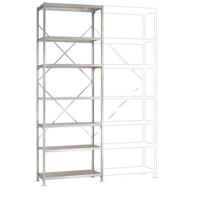 Étagère métallique à cinq niveaux, avec un contour pointillé d'extension à droite. Idéal pour le stockage et l'organisation dans les ateliers ou les entrepôts.