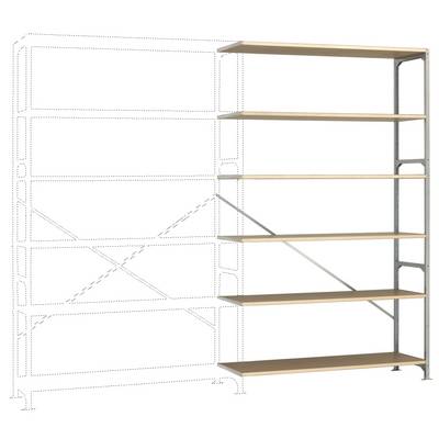 Étagère métallique avec cinq tablettes en bois. La partie gauche de l'étagère est esquissée et montre où des pièces supplémentaires peuvent être ajoutées.