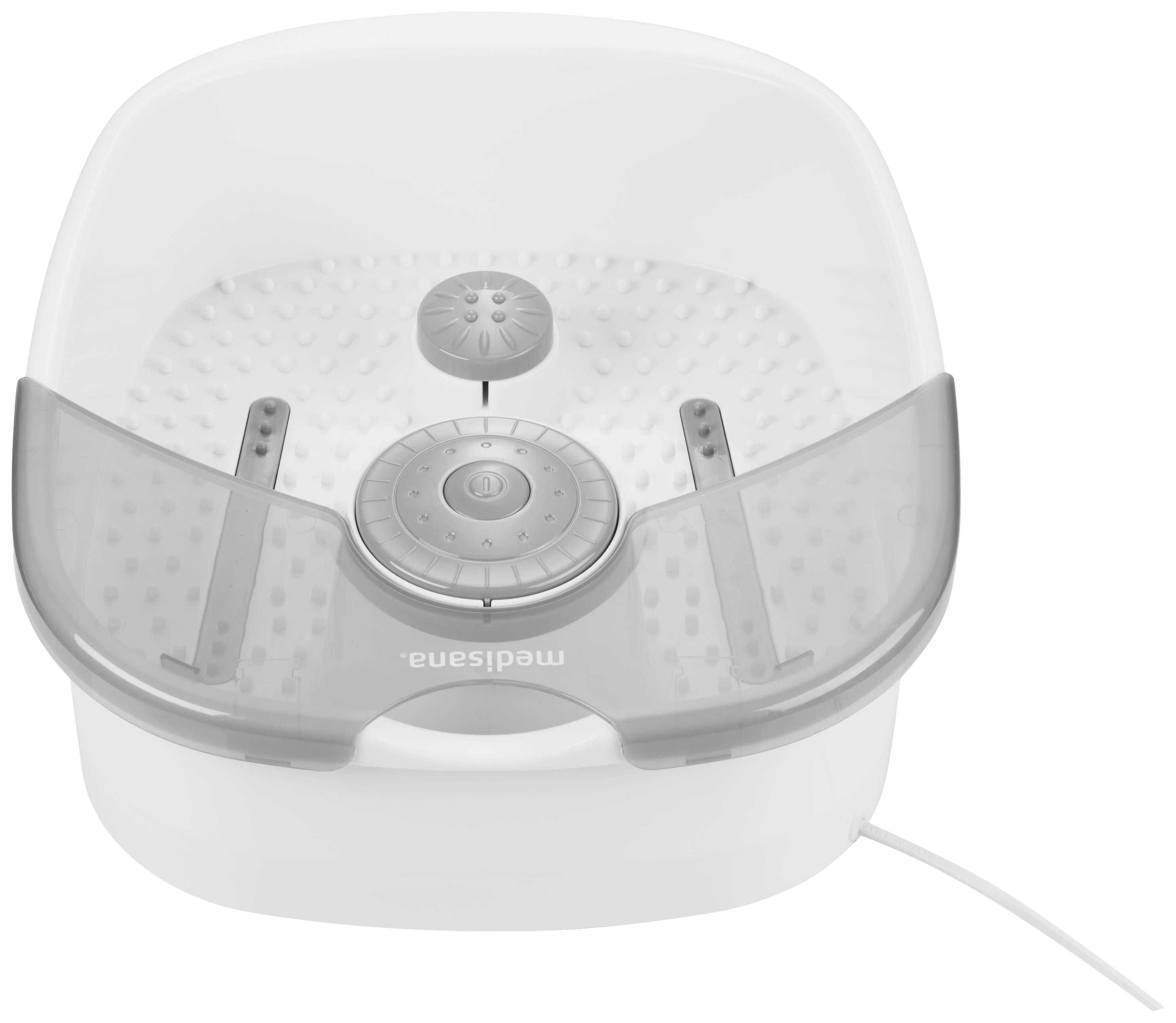 Bain à bulles pour les pieds en blanc avec des détails gris et des picots de massage. Un bouton central commande les fonctions. La marque 'Medisana' est visible.