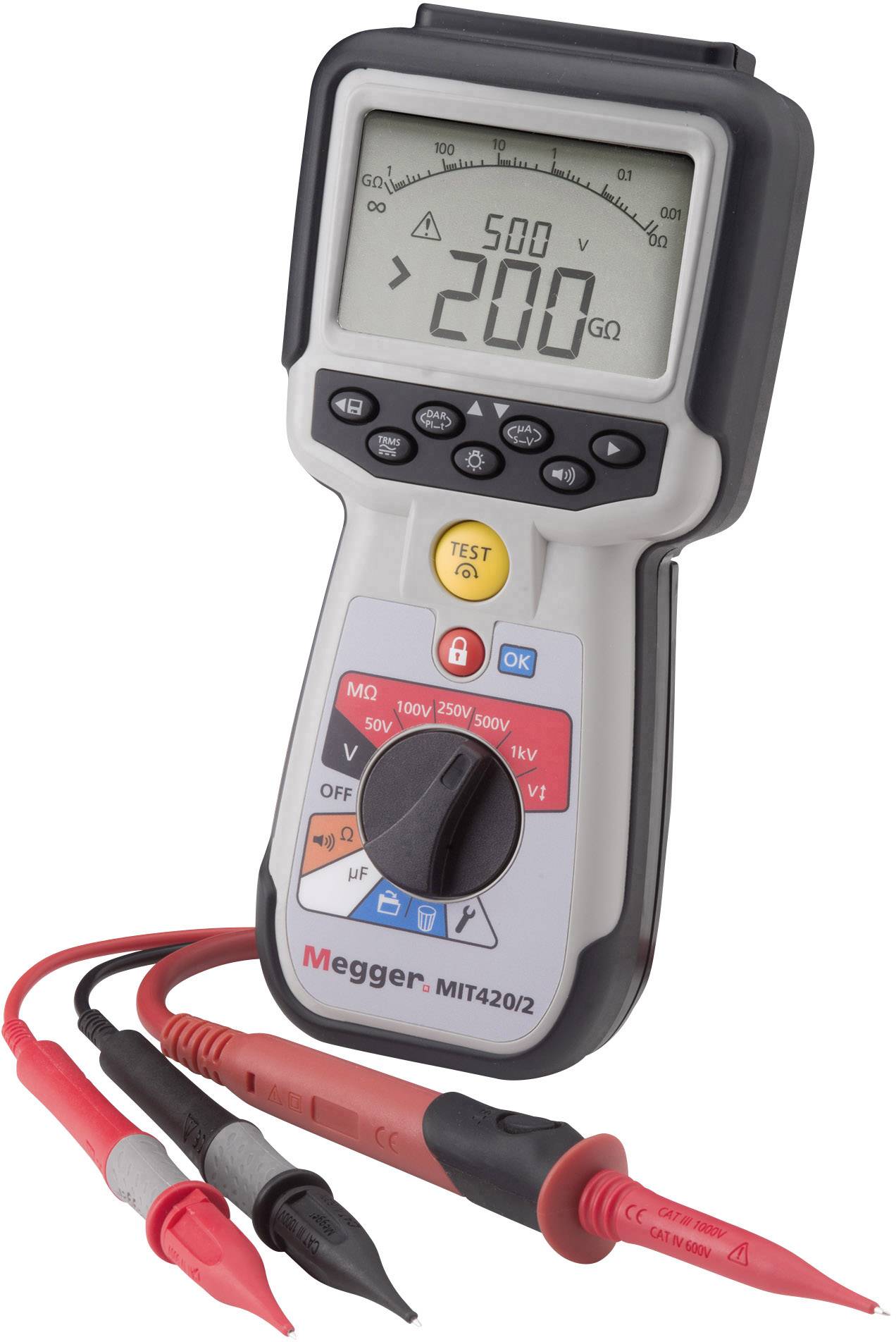 Appareil de mesure d'isolement numérique avec affichage et sondes de test ; indique une valeur de mesure de 200 mégaohms sous une tension de test de 500 V.