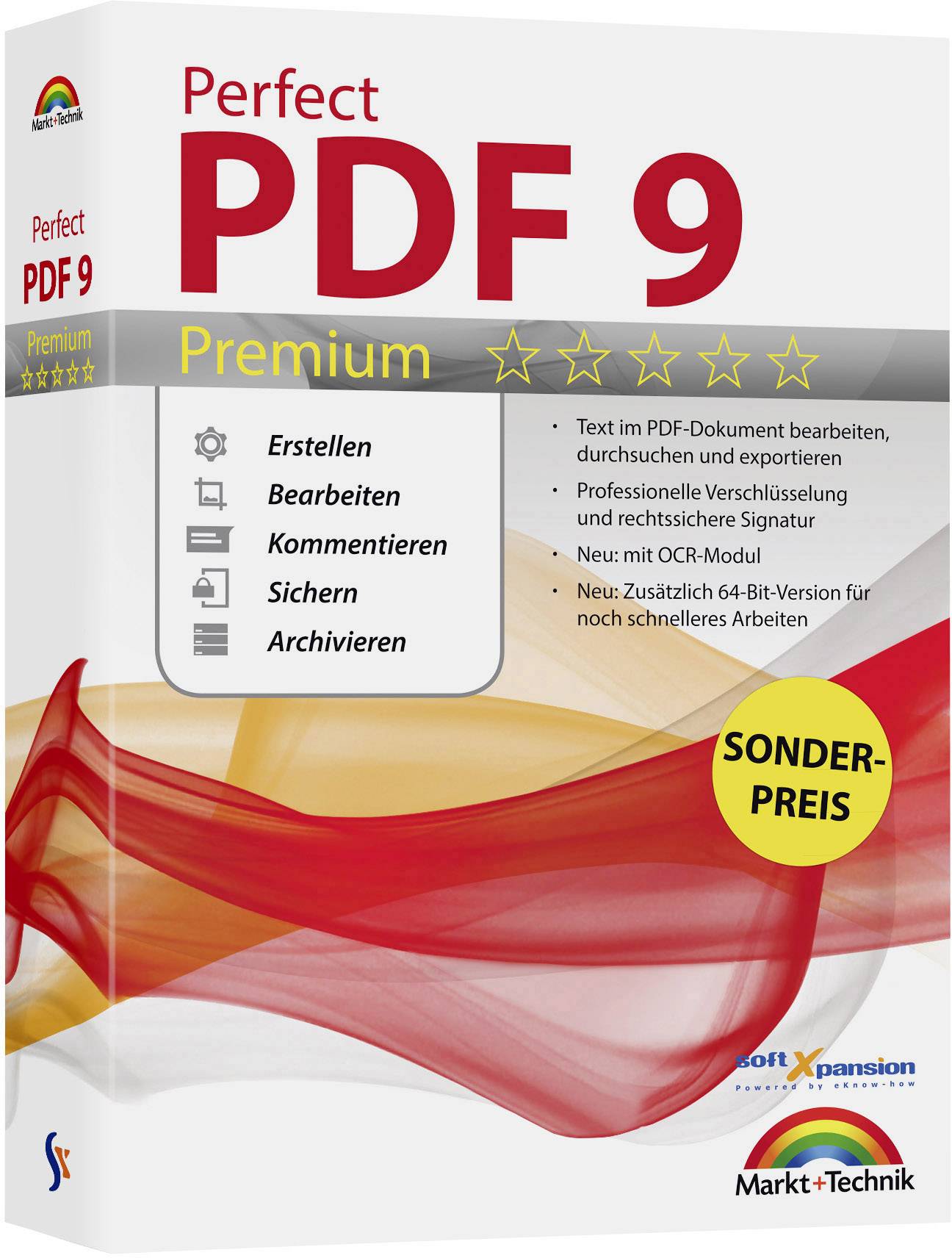 Emballage du logiciel 'Perfect PDF 9 Premium' présentant des fonctionnalités telles que la création, l'édition, l'annotation, la sécurisation et l'archivage des PDF. L'offre à prix spécial est mise en évidence.