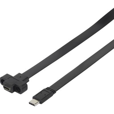 Un câble USB-C noir avec un connecteur coudé à l'extrémité gauche et un connecteur droit à l'extrémité droite, sur un fond blanc.