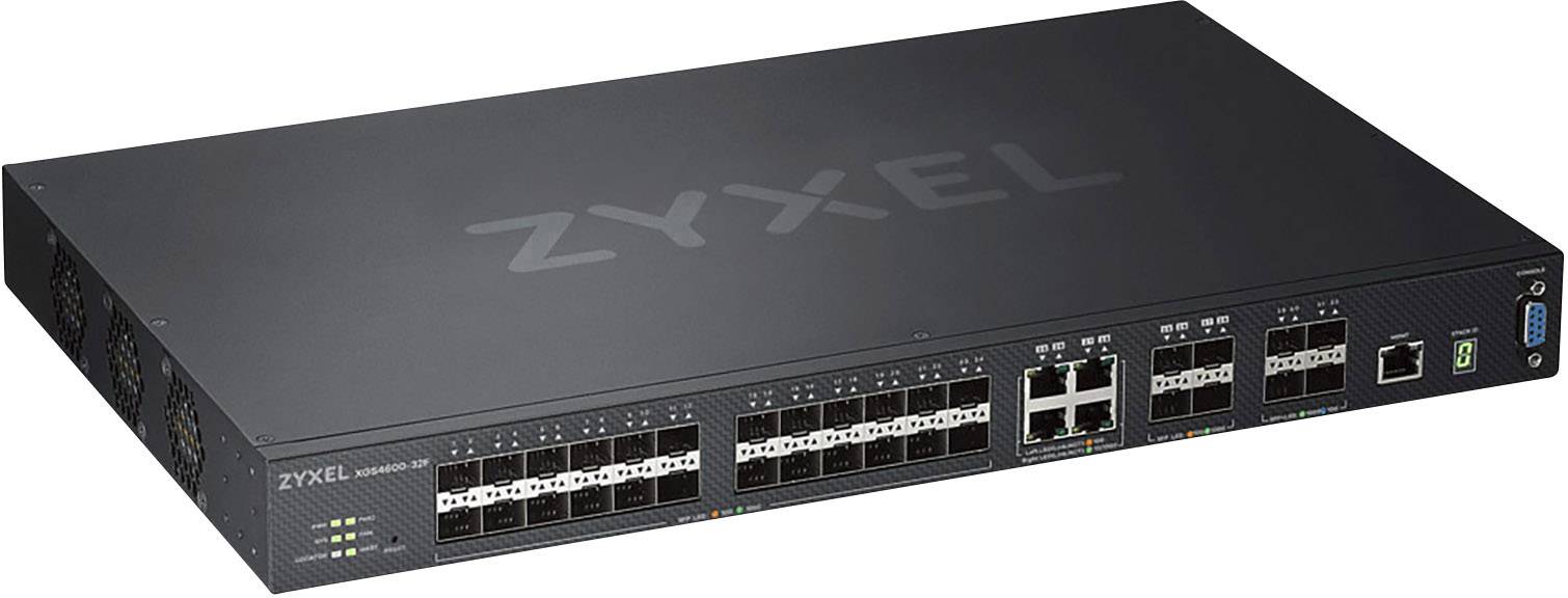 Un commutateur réseau Zyxel avec plusieurs ports Ethernet et fibre optique, vue de face.