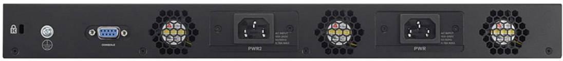 Dos d'un appareil électronique avec plusieurs grilles de ventilation et connexions, dont deux prises d'alimentation et une connexion série.
