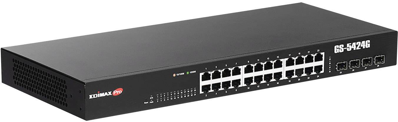 Un commutateur réseau noir avec 24 ports Ethernet et quatre ports supplémentaires, adapté pour une utilisation dans un bureau ou un centre de données.