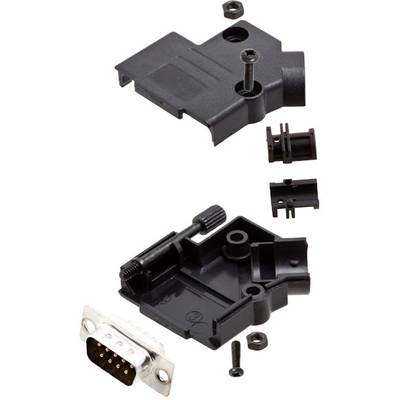 Connecteur D-Sub désassemblé avec boîtier, vis et accessoires.