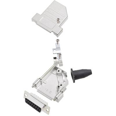 Boîtier de connecteur métallique en vue éclatée. Montre les pièces individuelles : couvercle supérieur, couvercle inférieur, vis et presse-étoupe.