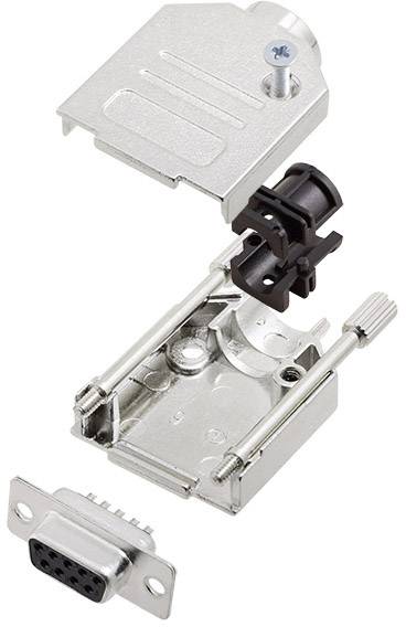 Vue éclatée d'un connecteur D-Sub avec boîtier métallique, vis et support de câble, montrant les composants dans une perspective décomposée.