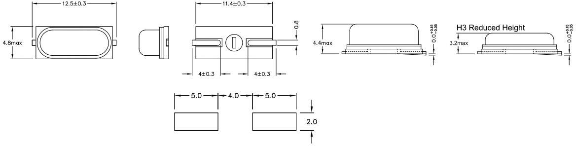 Dessin technique d'un composant avec différentes vues et dimensions en millimètres ; la hauteur, la largeur et la profondeur sont indiquées.