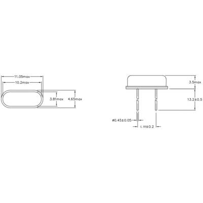 Dessin technique d'un composant électronique avec dimensions : longueur 11,05 mm, largeur 10,2 mm, hauteur 3,5 mm, écartement des broches 1,0 mm.