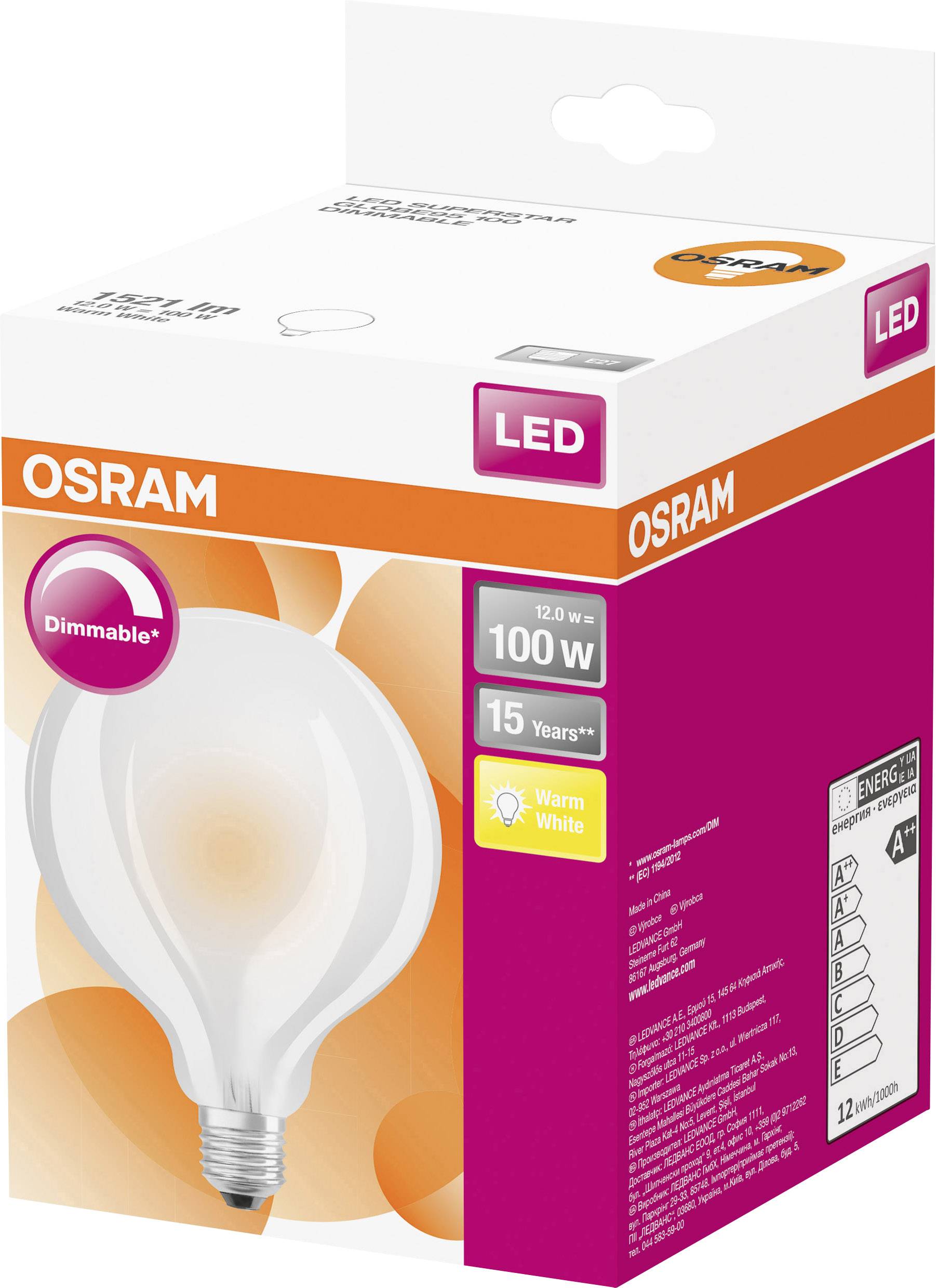 Lampe LED dans son emballage d'origine Osram. L'emballage indique une luminosité de 100 watts et une durée de vie de 15 ans.