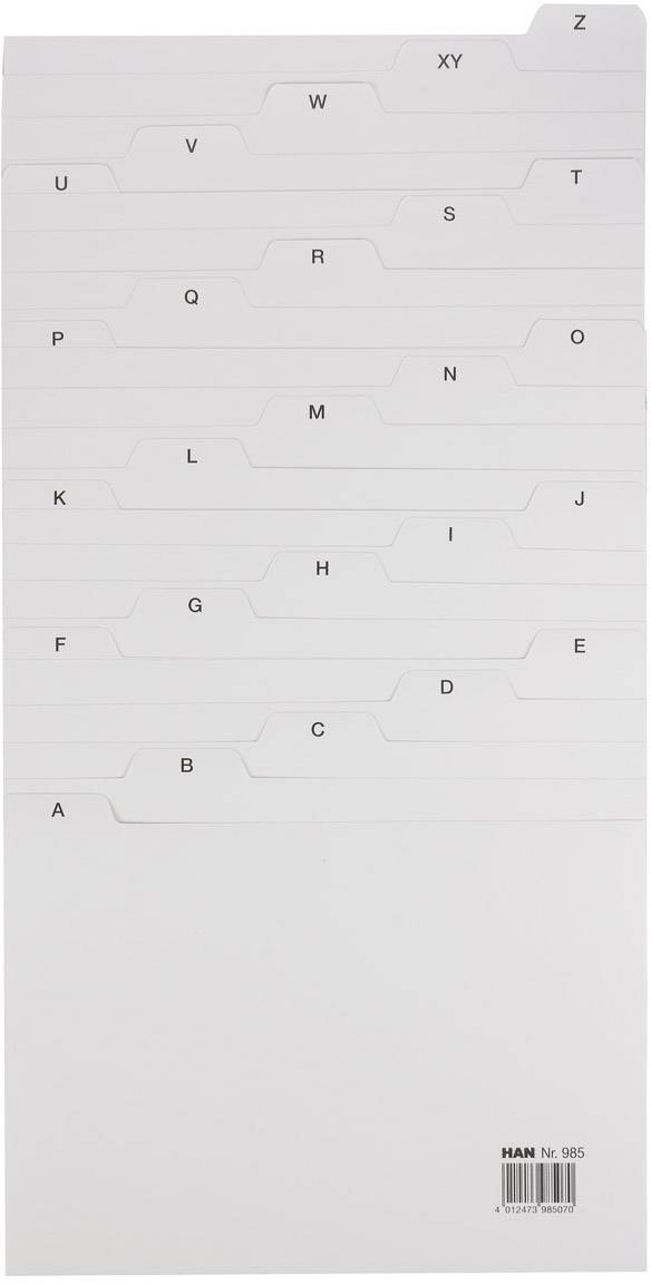Classeur en carton blanc avec intercalaires. Les lettres de A à Z sont imprimées sur les onglets, pour un classement alphabétique.