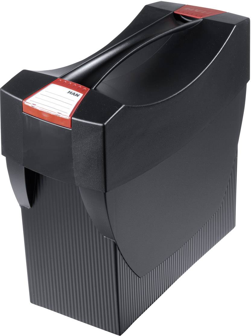 Cassette de batterie noire avec poignée de transport, étiquette rouge et surface inférieure nervurée. Adaptée au transport sécurisé des batteries.
