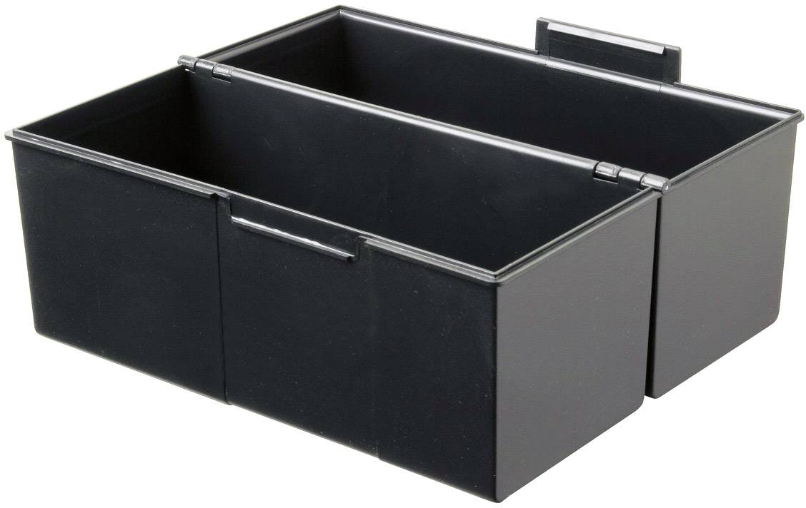 Boîte en plastique noir, rectangulaire, à deux compartiments, adaptée au rangement ou à l'organisation d'objets.