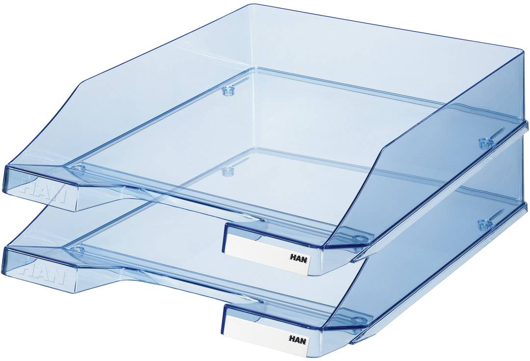 Deux bacs de rangement empilables en plastique transparent bleu, munis de porte-étiquettes, conçus pour le classement et la conservation de documents de bureau.