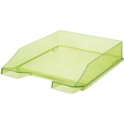 Un bac de rangement vert en plastique transparent, adapté au stockage de documents ou de papiers sur un bureau.