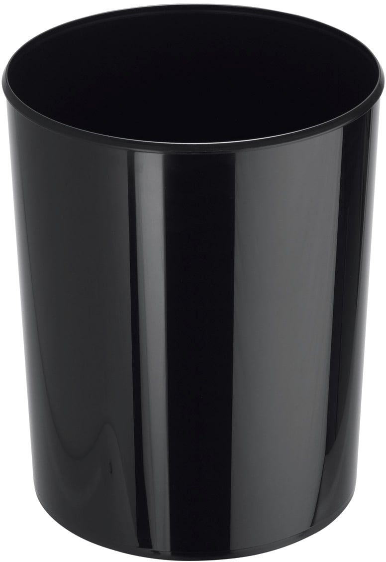 Poubelle noire cylindrique en plastique, posée sur un fond neutre.