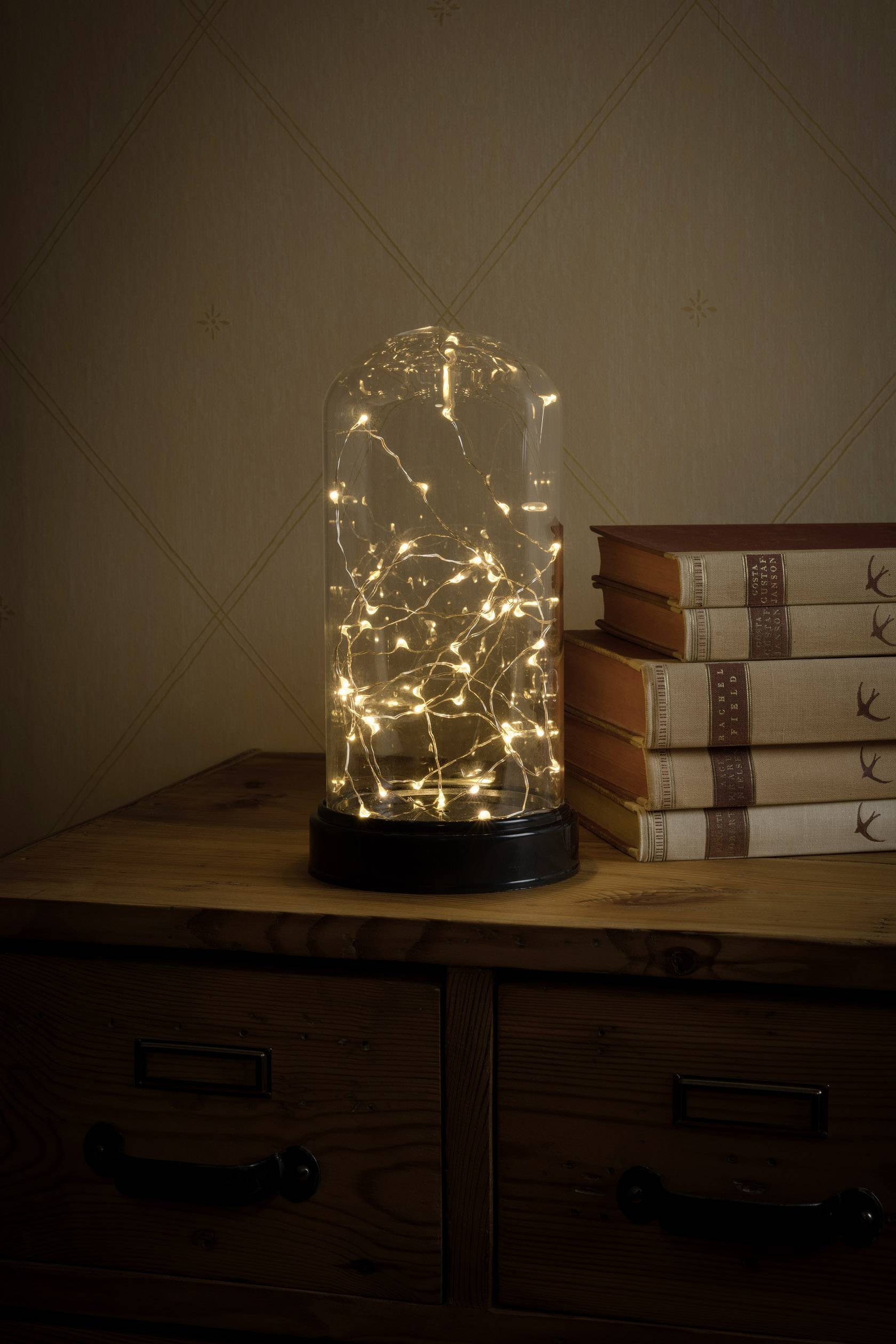 Petite guirlande lumineuse sous un globe en verre posé sur une table en bois, à côté d'une pile de livres.