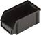 Boîte en plastique noir rectangulaire avec façade biseautée, utilisée pour le rangement de petits objets dans des systèmes d'étagères.