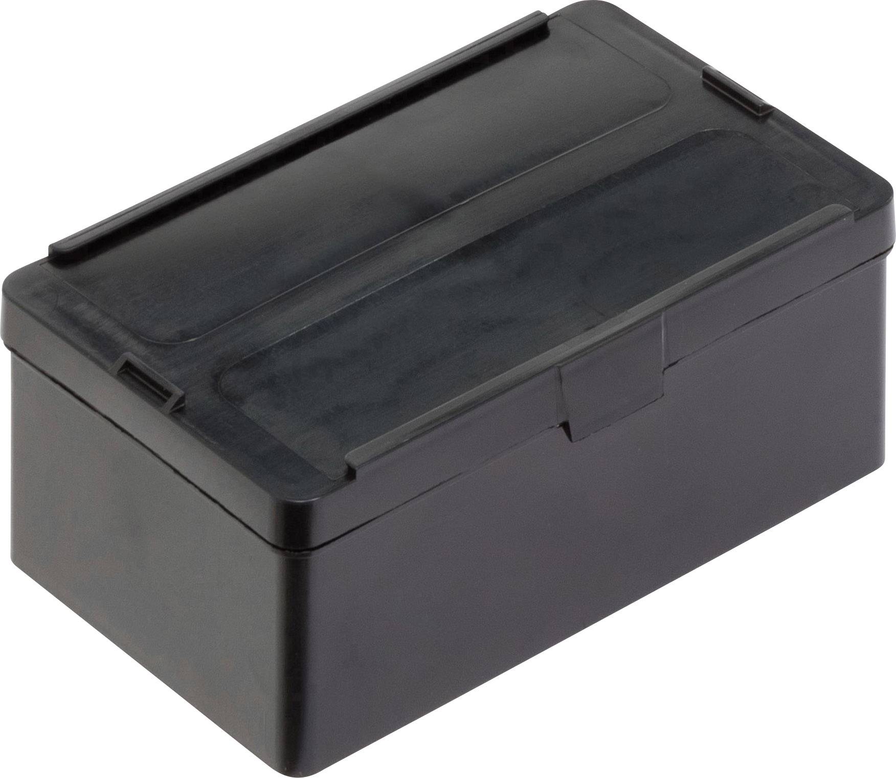 Boîte en plastique noir rectangulaire avec couvercle fixe, utilisée pour le rangement de petits objets ou d'outils.