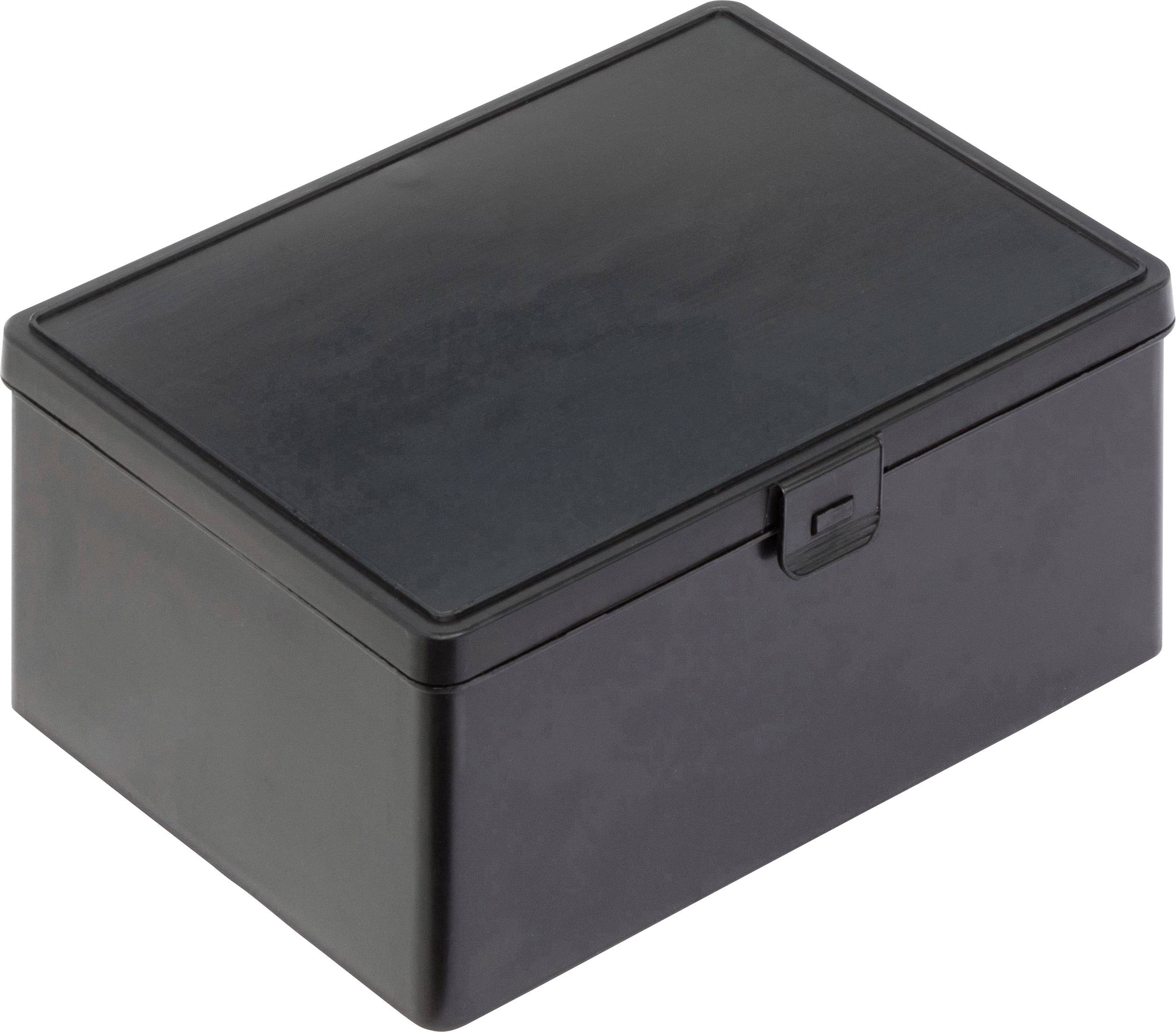 Une boîte noire rectangulaire avec un couvercle. Le couvercle est fermé et comporte un petit fermoir au centre.
