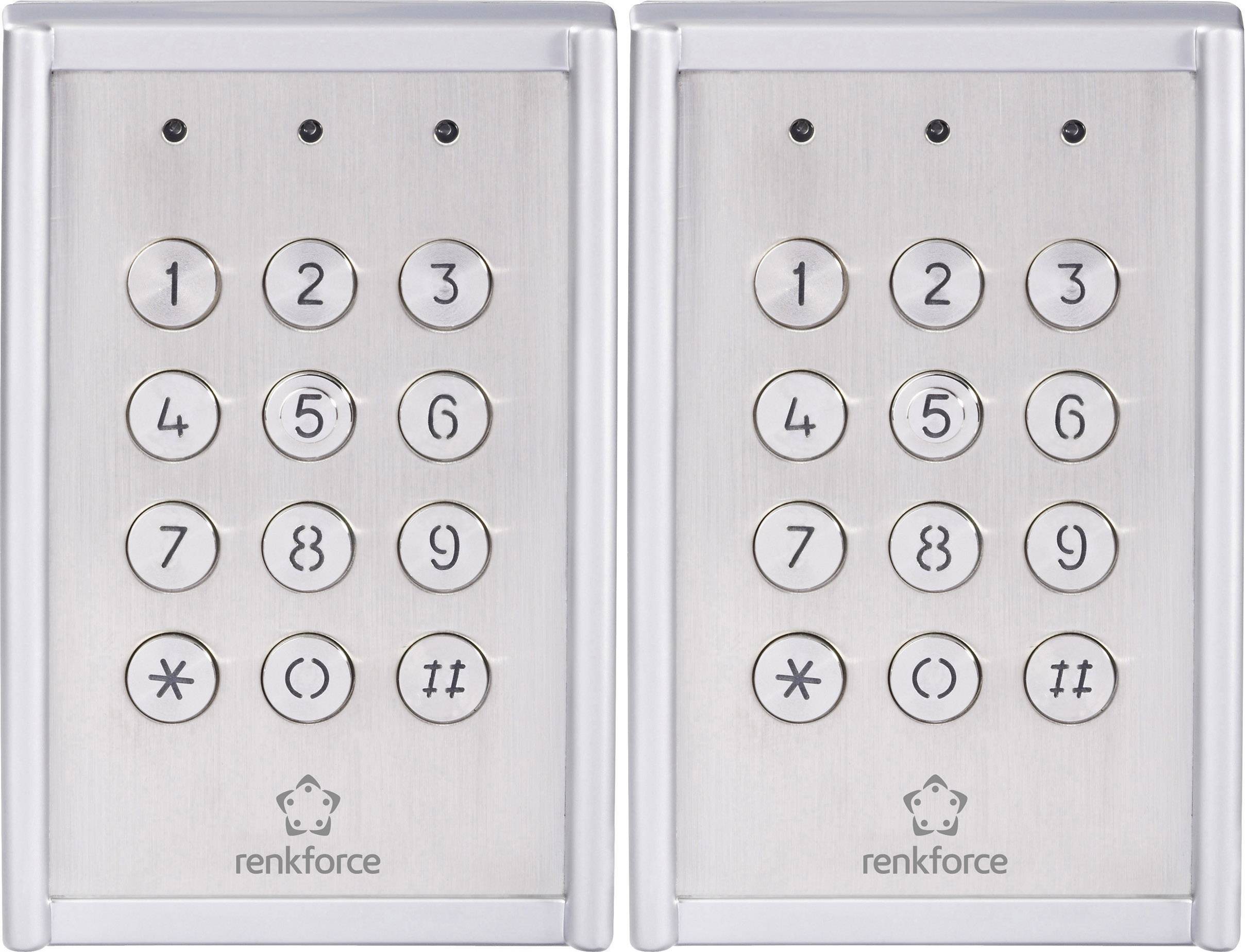 Deux cadenas numériques identiques en argent avec des touches de 1 à 9, des points, des astérisques et un dièse. Marque en bas : 'renkforce'.