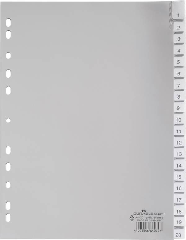 Durable 6443 Répertoire DIN A4 1-20 polypropylène gris 20 onglets onglets soudés, avec étiquette à insérer remplaçable 644310