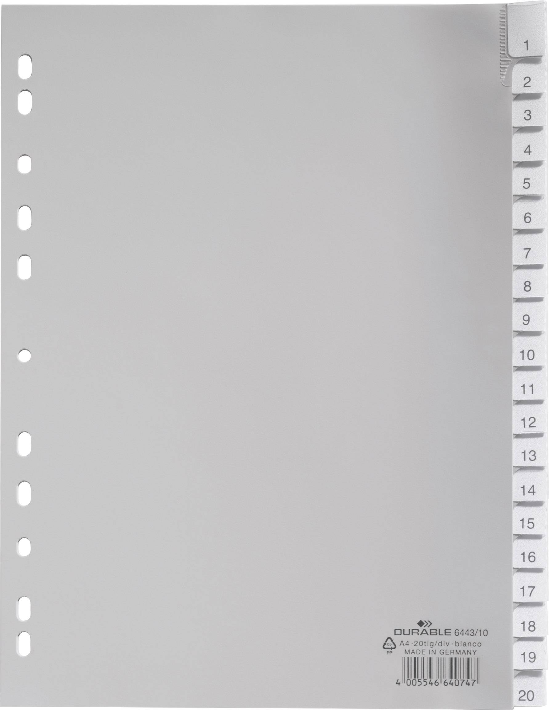 Durable 6443 Répertoire DIN A4 1-20 polypropylène gris 20 onglets onglets soudés, avec étiquette à insérer remplaçable 6-0