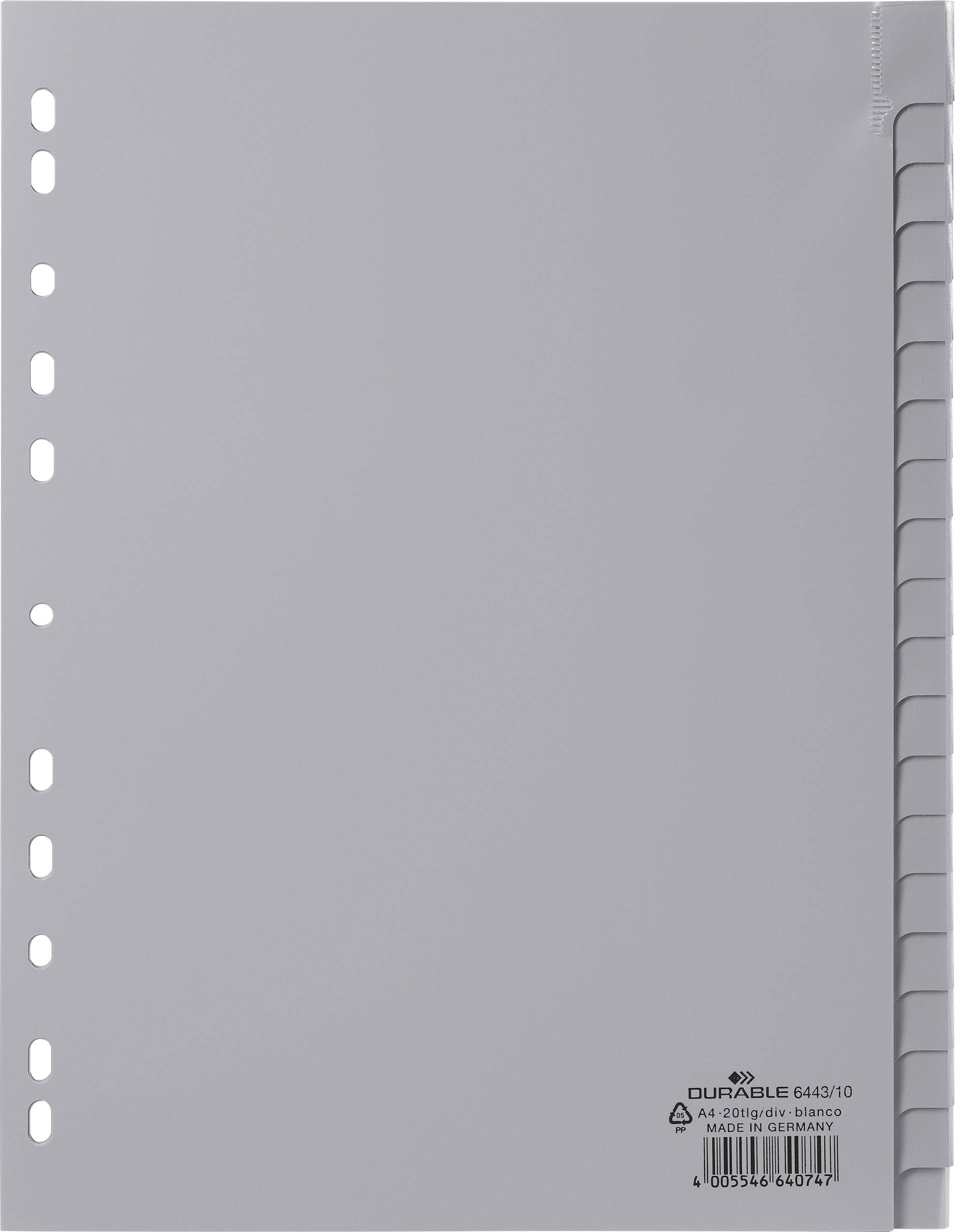 Durable 6443 Répertoire DIN A4 1-20 polypropylène gris 20 onglets onglets soudés, avec étiquette à insérer remplaçable 6-1