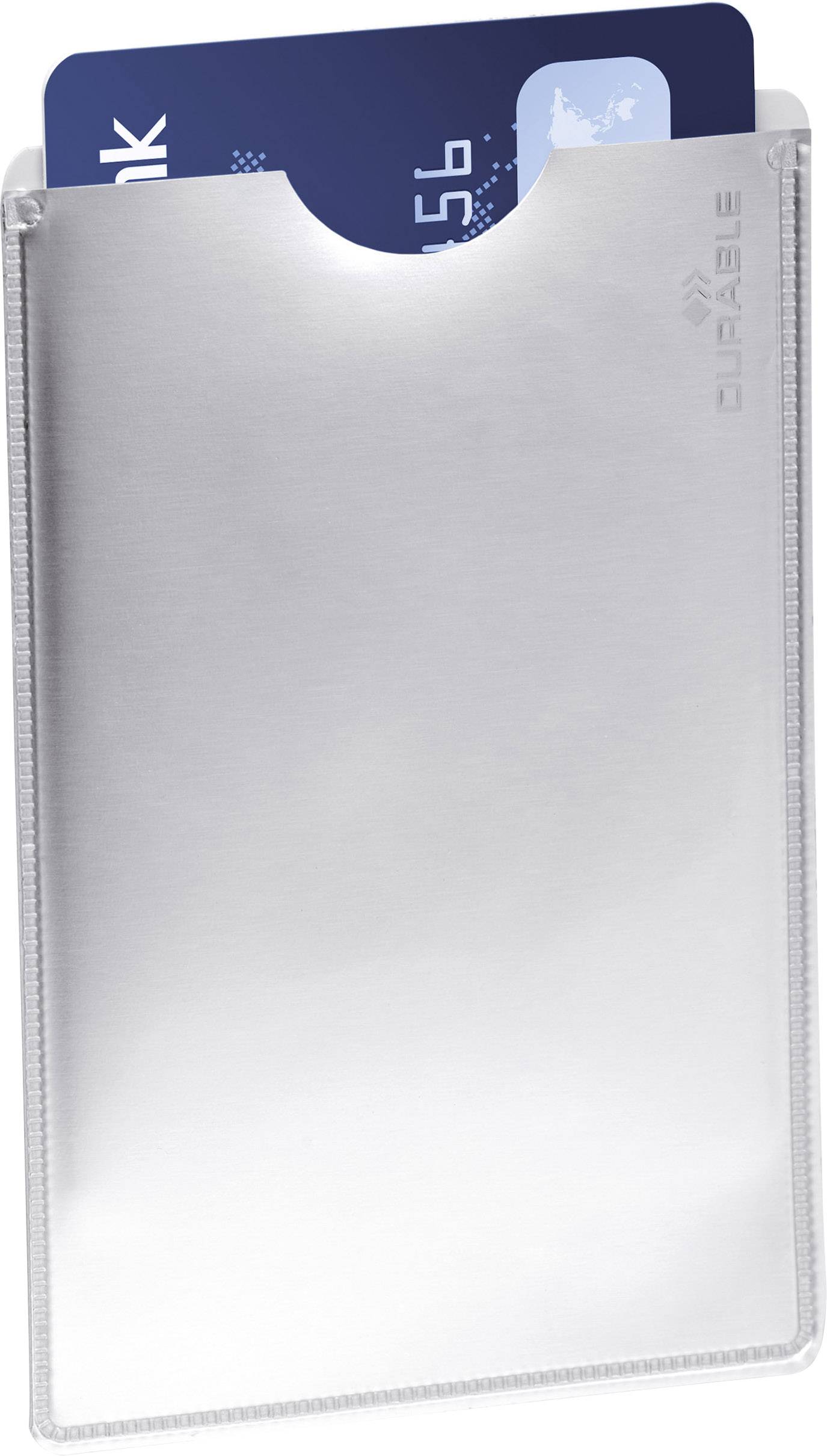 Étui de protection RFID argenté avec une carte bancaire bleue insérée. Protection contre la lecture non autorisée des données.