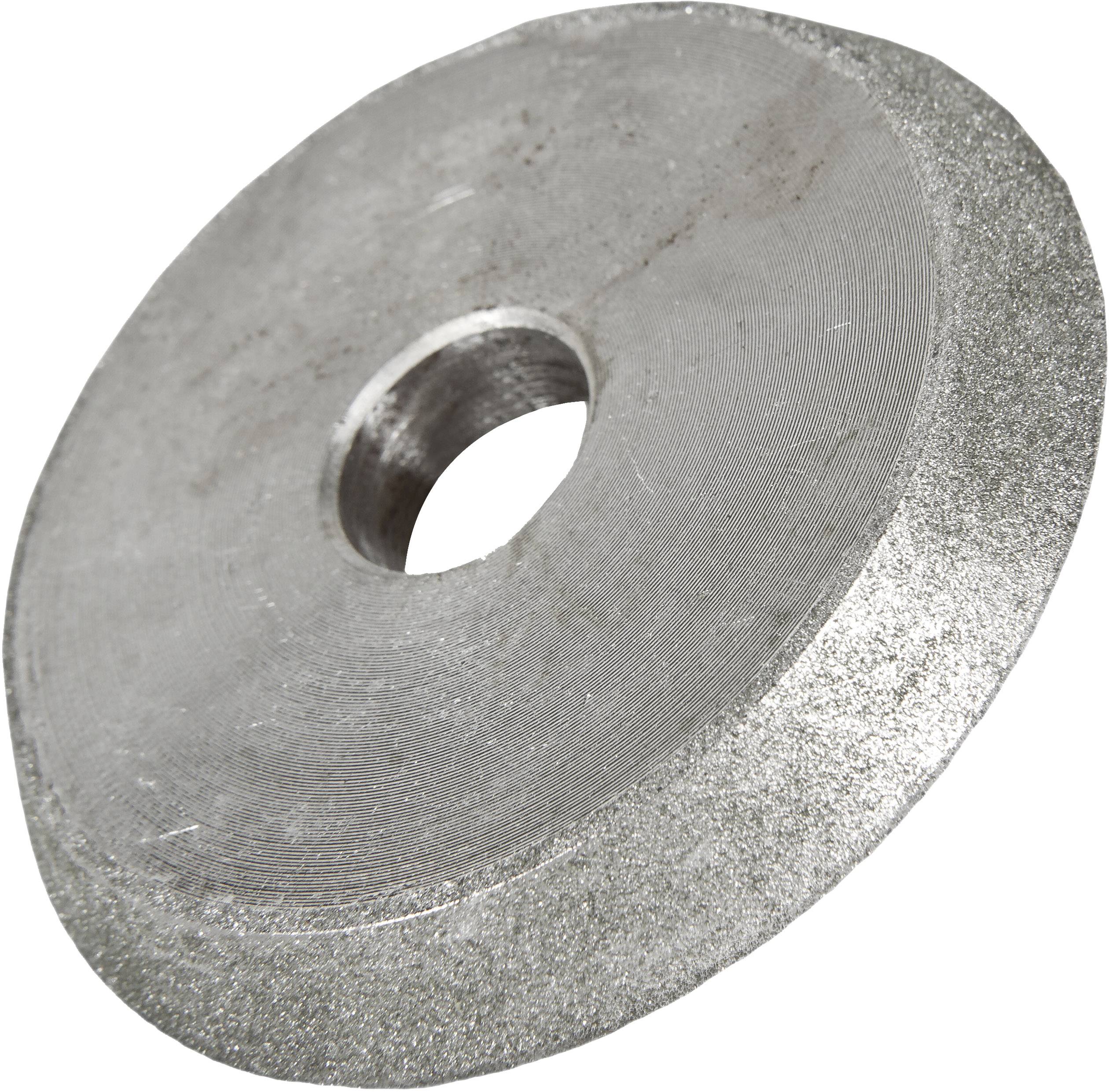 Roue métallique ronde avec ouverture centrale, utilisée pour des applications de meulage. La texture présente des rainures fines qui assurent l'abrasion.